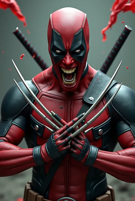 Terrifying Deadpool with Wolverines claws sticking the claws into a kite ,
