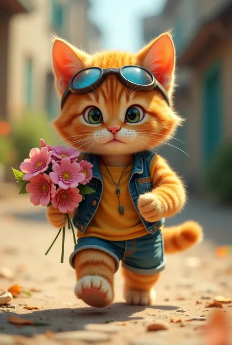 Rescue story
"A cute and determined anthropomorphic kitten, dressed in a torn vest, in his hands a bouquet of flowers, shorts and a headband, walking on solid ground. The cats fur is fluffy and well-groomed, which adds a touch of charm to his fierce traini...