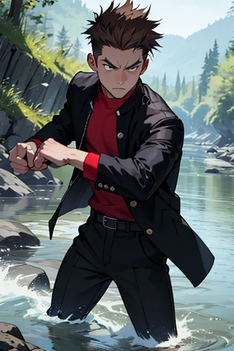 one boy, alone, iris, point pupils, brown hair, short hair, gakuran, black jacket,red shirt、black belt, black trousers, bad、in t...