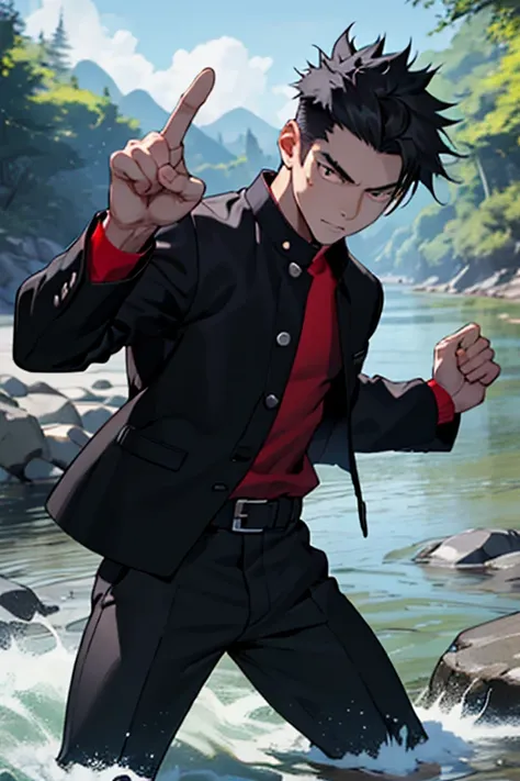 one boy, alone, iris, point pupils, black hair, short hair, gakuran, black jacket,red shirt、black belt, black trousers, bad、in t...