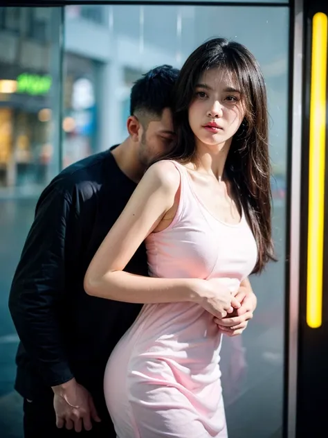 A candid shot on the street, (behind a glass shot:1.5), (best quality:1.5), japanese, 1man, 1girl, 35y a man in casual cloth with short black hair, 25y sweet and chubby girl in pink slipdress and sneakers,  in a gas station, a man carrying a girl with his ...