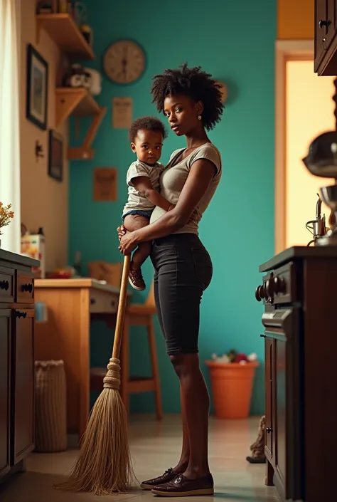 Drawing Tall, thin black woman with short curly hair With a black baby hanging from her mother&#39;s hair Colored image With a broom in her hand cleaning the house