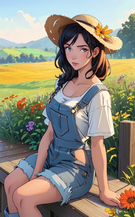 (quaint countryside setting, summer day), young adult woman, rustic casual summer fashion, (sitting on a wooden fence), thoughtful and serene pose, shoulder-length curly hair, light, sun-kissed makeup, (denim overalls over a simple white t-shirt), comforta...