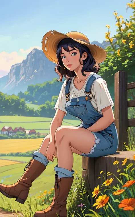 (quaint countryside setting, summer day), young adult woman, rustic casual summer fashion, (sitting on a wooden fence), thoughtful and serene pose, shoulder-length curly hair, light, sun-kissed makeup, (denim overalls over a simple white t-shirt), comforta...