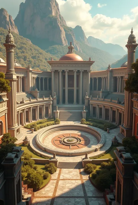 Make a superhero school, but Roman style , a very large school, with a large futuristic but rustic fighting coliseum 