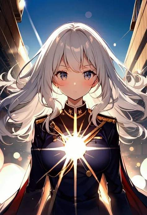 Ship deck background, daytime, sun glare, Military uniform, dark blue uniform, navy uniform, cape, 1girl, white hair, shining hair, medium breast, bokeh, epic, facing viewer,