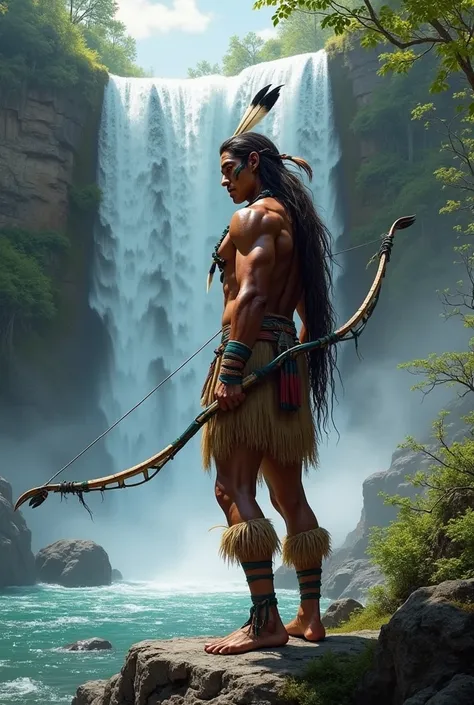 Strong American Indian at a waterfall,with bow and arrow near the water