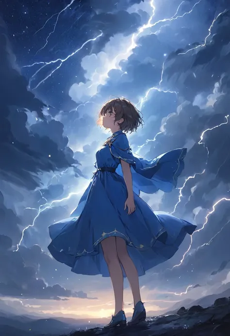  thought ,Short Hair, Blue Dress , masterpiece , A cloudy night sky with a sky full of stars , Mage Dress , One person , lightning , Soft Light