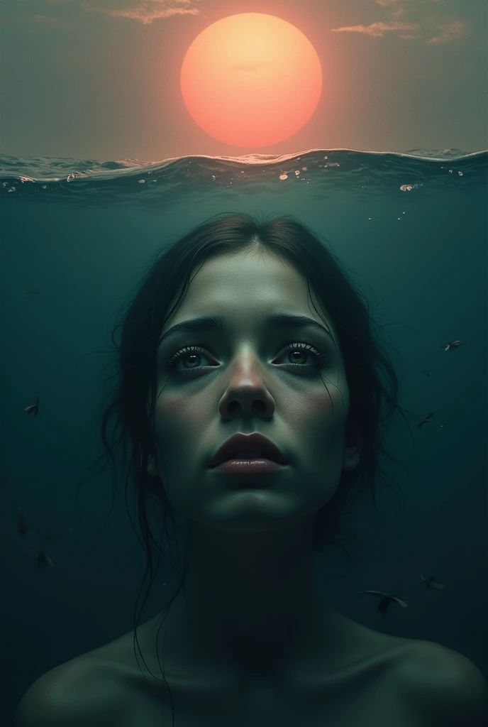 Head with sad eyes without a mouth or nose, a dark aura around the eyes as bright as day, everything is underwater but the sun is peach orange, she asks for help, but no one hears her, She is dead.