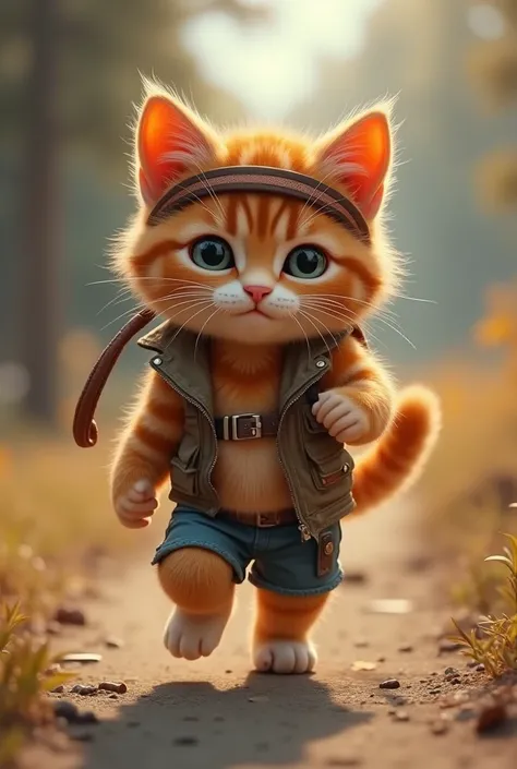 Rescue story "A cute and determined anthropomorphic kitten, dressed in a torn vest, shorts and a headband, walking on solid ground. The cats fur is fluffy and well-groomed, which adds a touch of charm to his fierce training session. 8K resolution,