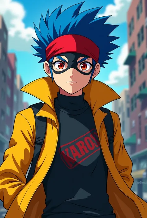 Boku no hero style Young man with red eyes and blue hair wearing a yellow jacket with a red headband and wearing a vigilante mask 