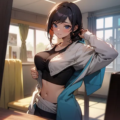 a beautiful girl , lifting his sweater and showing his bras and student in a room