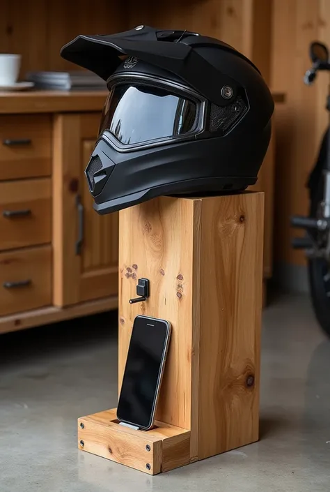 Photo of a motorcycle helmet holder made of wood, with a helmet on top. under outlets to charge cell phone, with a cell phone charging