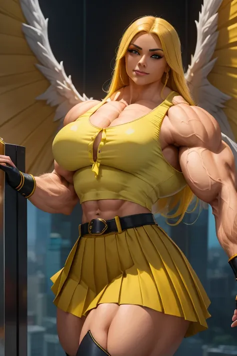 ((Close-up)), tall, (yellow hair) beautiful muscular latino woman, long flowing hair, light brown skinned, closed smile, (black lipstick), (massive muscles), (hyper muscle), ((ginormous bulky muscles)), blue eyes, (((sleeveless yellow pleated shirt))), (gi...