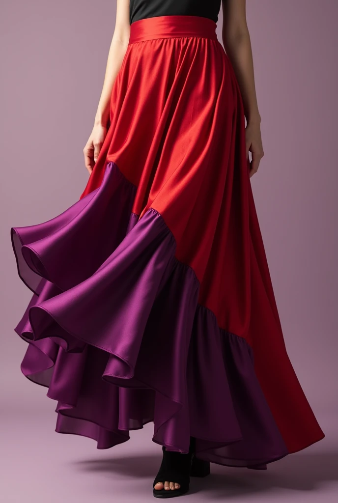 Create an image of a dove satin skirt that is flowing with layers and is red and purple with no print.

