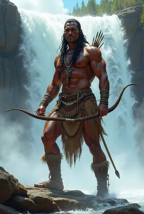 Strong American Indian at a waterfall,with bow and arrow near the water Painted face