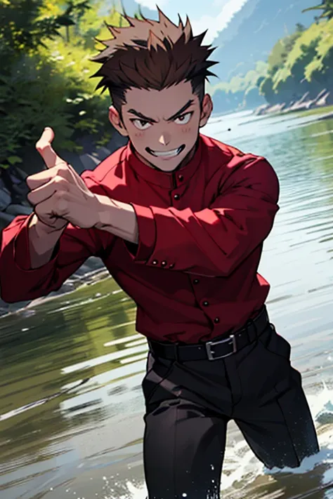 One boy, alone, Iris, Point pupils, Brown Hair, short hair, gakuran, Black jacket,Red Shirt、Black Belt, Black trousers, bad、In the river、Legs spread in fighting pose,　Upper Body　Bad Smile