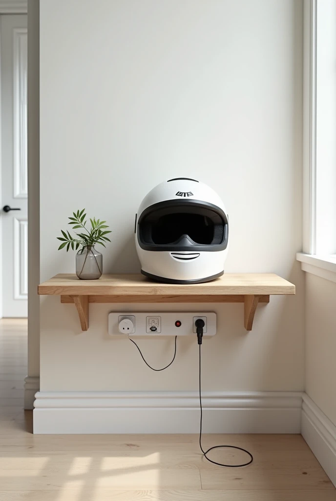 photo of a shelf, motorcycle helmet rack made of wood in white color, with a helmet on top. under outlets to charge cell phone, with a cell phone charging