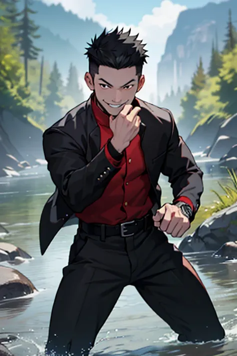 One boy, alone, Iris, Point pupils, Black Hair, short hair, gakuran, Black jacket,Red Shirt、Black Belt, Black trousers, bad、In the river、Legs spread in fighting pose,　Upper Body　Bad Smile

