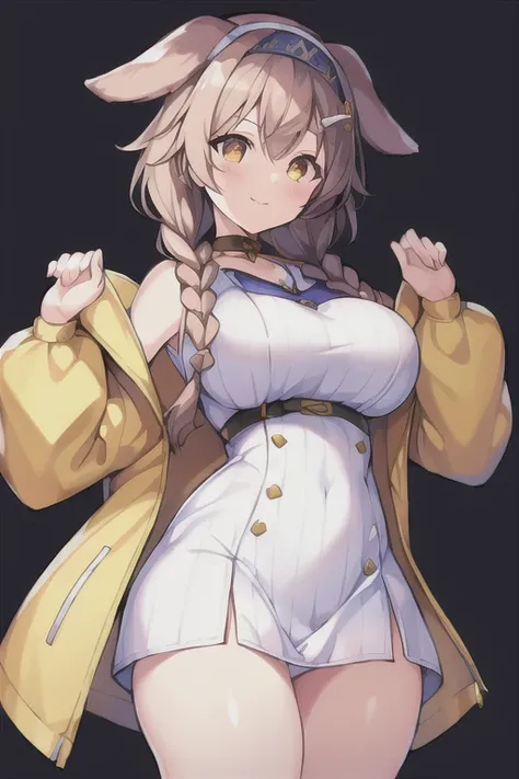 1girl, Korone, smile, dog ears, twin braids, sidelocks, hair ornament, ((white dress)), jacket, yellow jacket, jacket, open clothes, open jacket, dress, short dress, sleeveless dress, huge breasts, wide hips, thick thighs, tall, tall female, mature female,...