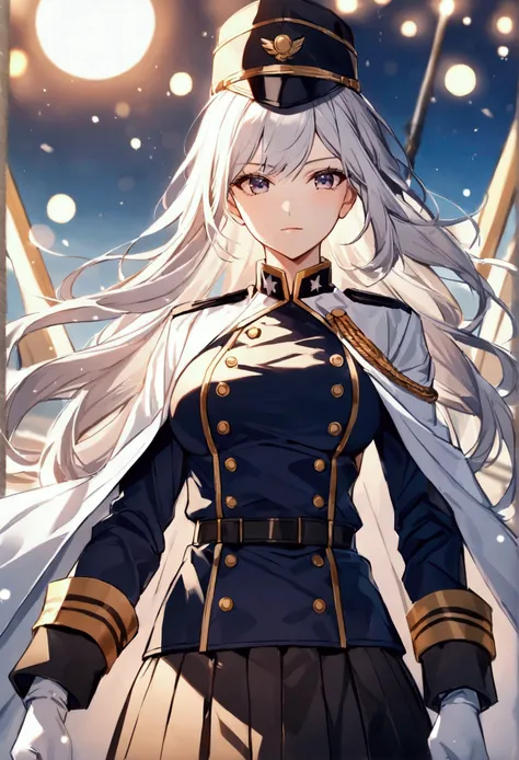 Ship deck background, daytime, Military uniform, dark blue uniform, navy uniform, white cape, military cap, military garrison cap, 1girl, white hair, shining hair, medium breast, bokeh, epic, facing viewer,