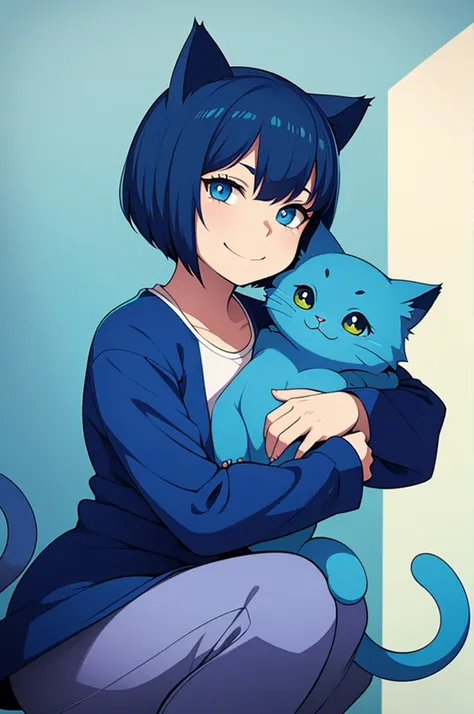 cat monster,cute,blue,short hair,little smile