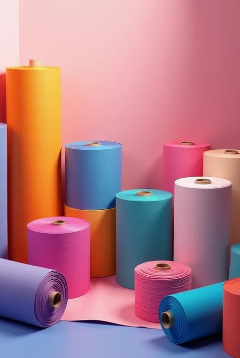 rolls of fabric of different colors in perspective 
