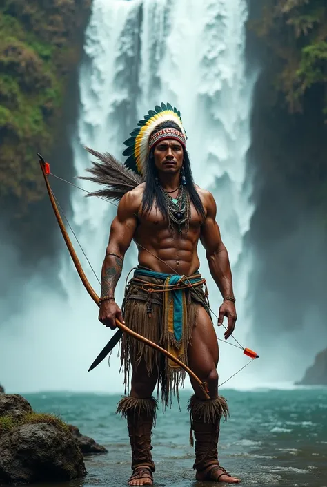 Strong American Indian at a waterfall,with bow and arrow
near the water from the front
Colorful feathers 