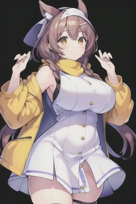 1girl, Korone, smile, dog ears, twin braids, sidelocks, hair ornament, ((white dress)), jacket, yellow jacket, jacket, open clothes, open jacket, dress, short dress, sleeveless dress, huge breasts, wide hips, thick thighs, tall, tall female, mature female,...