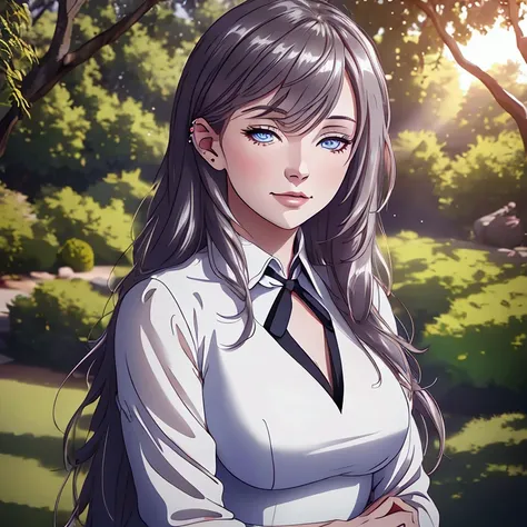 highly detailed portrait of a beautiful young woman with long dark hair and piercing blue eyes, wearing a flowing white dress, standing in a lush garden with blooming flowers, sunlight filtering through the trees, (best quality,4k,8k,highres,masterpiece:1....