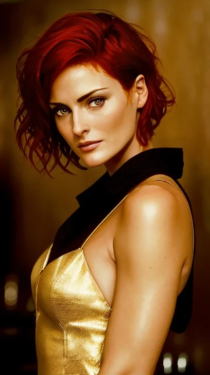 Portrait photo of Carrie-Anne Moss, beautiful woman with red hair styled up, nightclub sitting at the bar (work of art) (best qualityer) (detailded) (8k) (HDR) (wall-paper) (cinematic lighting) (sharp focus) (intrikate), 30 years oldThat&#39;s ageThat&#39;...