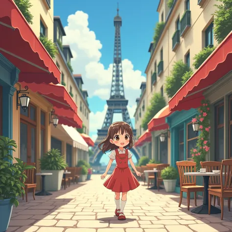 Hayao Miyazaki style、Kawaii Design, most beautiful girl ever、chibi, (((walking))), Paris