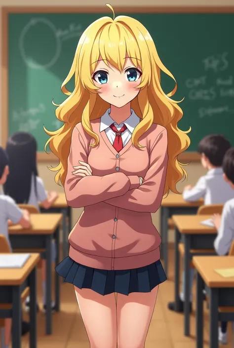 Screenshot of My Hero Academia in Bakugo Katsukis classroom, female version with longer hair and a happy expression
