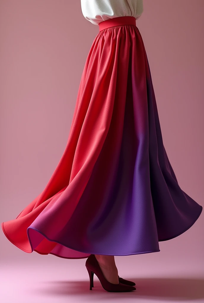 Create an image of a plain (no print) flared skirt in red and purple colors.

