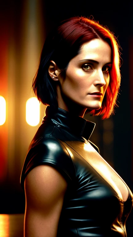 foto de retrato de Carrie-Anne Moss, ((matrix))  beautiful woman with red hair styled up, nightclub sitting at the bar (work of art) (best qualityer) (detailded) (8k) (HDR) (wall-paper) (cinematic lighting) (sharp focus) (intrikate), 30 years oldThat&#39;s...