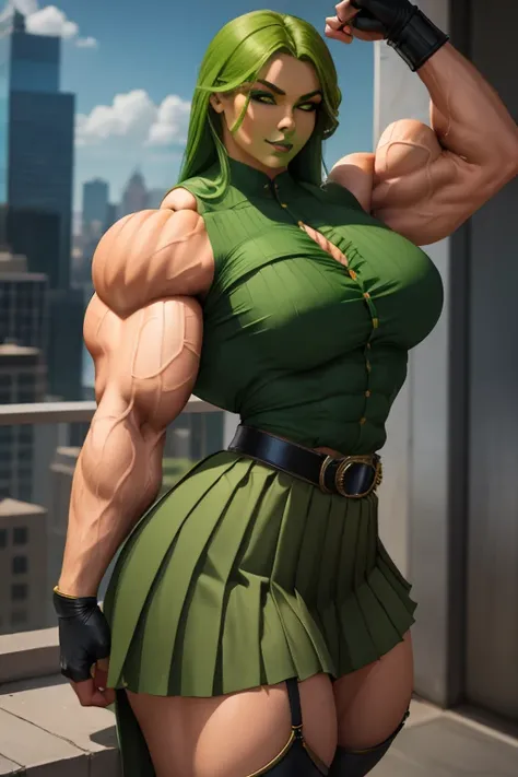 ((Close-up)), tall, (green hair) beautiful muscular woman, long curvy hair, light brown skinned, closed smile, (black lipstick), (massive muscles), (hyper muscle), ((ginormous bulky muscles)), orange eyes, (((sleeveless green pleated shirt))), (giant angel...