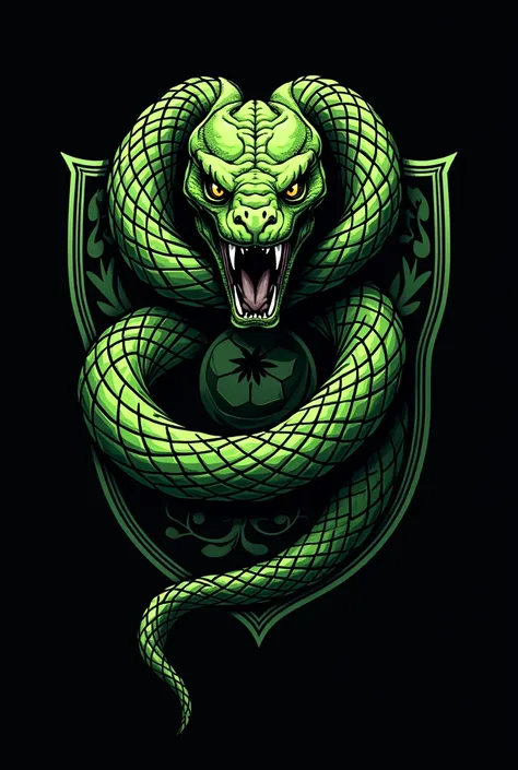 Brazilian football crest, with a frightening snake, green and black colors, with a crest, the nutrition symbol, without a soccer ball, Most frightening snake, not so realistic, another option similar to this
