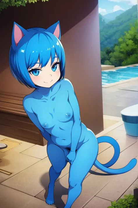 cat monster,cute,blue,short hair,little smile,nude,pubic hair,little smile