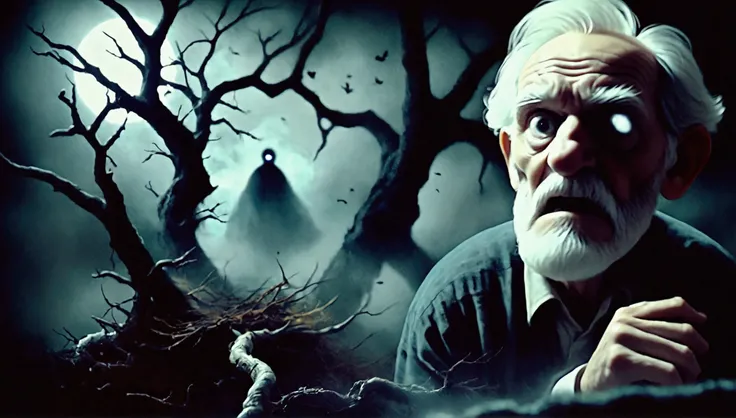 An old man with a frightened expression looking to the side in a dark place where almost nothing is visible, just a few old trees.