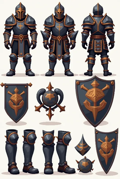 Create Helmet, armour, pants, Shield and Boot, based on the game Tibia, each item with size 64x64 pixels.