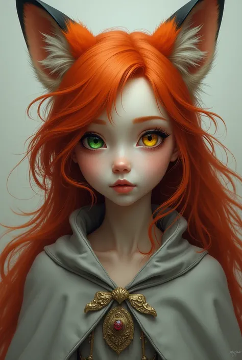 Girl, red hair, long hair, gray cape, heterochromia, green eye, yellow eye, photorealistic, detailed, fox ears, fox tail