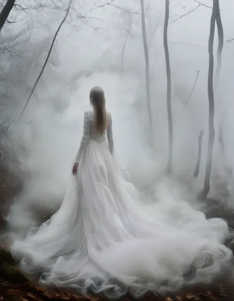 dress made of fog:1.2, msfg, fog, walkwoman:1.2, in the woods, fog background, high detailed, high quality, masterpiece, depth o...