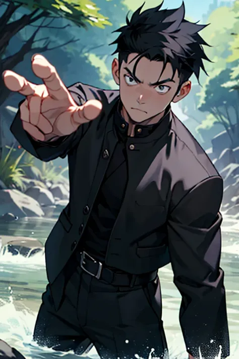 One boy, alone, Iris, Point pupils, Black Hair, short hair, gakuran, Black jacket,Red Shirt、Black Belt, Black trousers, bad、In the river、Legs spread in fighting pose,　Upper Body