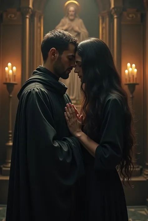 A Catholic priest praying as a woman covering his eyes with Long hair
