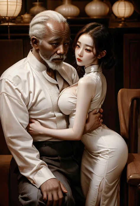 1 a beautiful, slim, white-skinned korean girl with big breasts wearing a qipao.,1 an old african man wearing torn clothes,fucki...