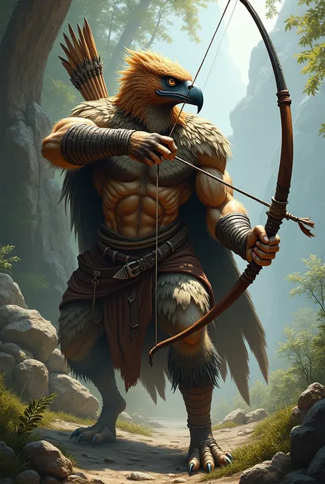 Aarakocra Ranger, wearing leather armor using his bow and arrow to hunt, WITH A HAWK&#39;S FACE, showing the whole body, looking fierce