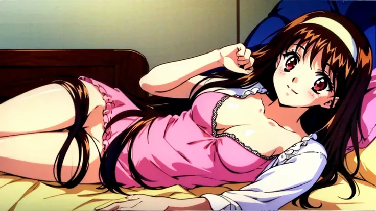 Yuuki Mizuho, One person, alone, Long Hair, hair band, Brown Hair, Red eyes, Open your mouth, blush, Lips parted, liar, On the bed, Cute Smile　Open your mouth　Lying on a pink bed, From above, retro artstyle, No underwear, barefoot, Lack of shoes, No skirt,...