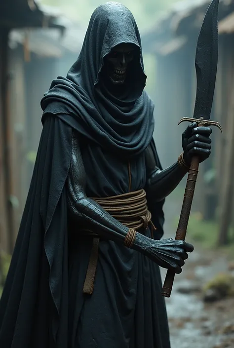 An alien with black hair and dark skin , his whole skin is covered in a dark substance, wearing villager clothes, while he holds a black knife with black fire 