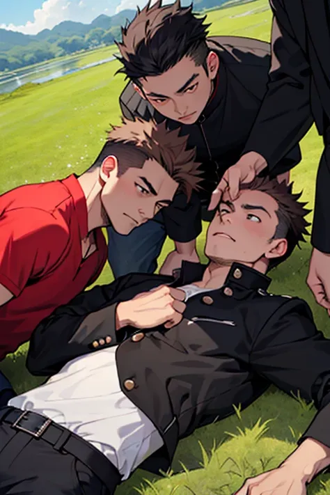 3 guys, with 3 people, iris, point pupils, brown hair, black hair、short hair, gakuran, black jacket,red shirt、black belt, black ...