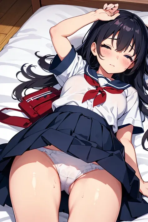 A cute Japanese high school girl taking a nap、Her skirt flips up and her panties are visible。Sweaty inner thighs